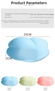 Detail view of 25cm minimalist petal-shaped fruit plate in blue green and pink PP plastic