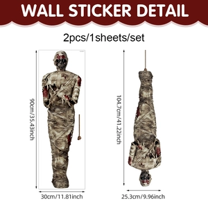 Halloween mummy PVC wall decals set with dimensions for spooky home window decorations