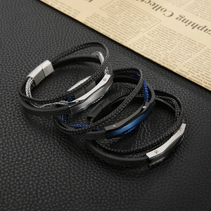 Men's multi-layer leather bracelet with stainless steel chain and magnetic clasp