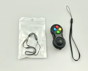 Close-up of black fidget pad with colorful buttons, joystick, and included lanyards