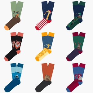 Collage of colorful cotton crew socks featuring diverse animal patterns and jacquard knit