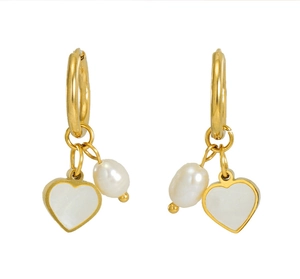 Detail of 18K gold earrings featuring heart charm and baroque natural pearl drop