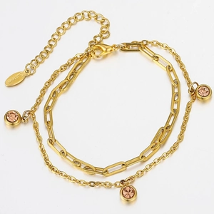 Golden stainless steel double layer paperclip bracelet with pink crystal pendants