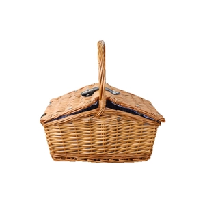 Handwoven willow picnic basket with double lids and blue polka dot fabric lining