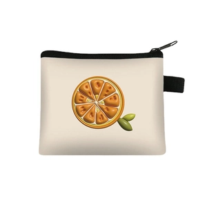 Cute off-white coin purse with 3D orange slice print and black zipper on white background