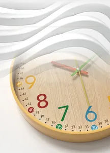 Macro shot of 12-inch bamboo wall clock with colorful numerals and matte yellow frame