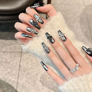 Handmade gothic black rose press-on nails with 3D silver relief and rhinestones