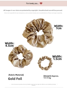 Detailed size view of three gold metallic silk scrunchies with pleated textures