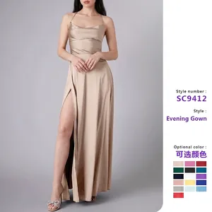 Satin Maxikleid Sexy Rückenfrei Schnürung Hoher Schlitz Spaghettiträger Abendparty Kleid Für Damen Slim Fit