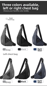Waterproof men's chest bag options in gray, black, and blue with left or right shoulder straps