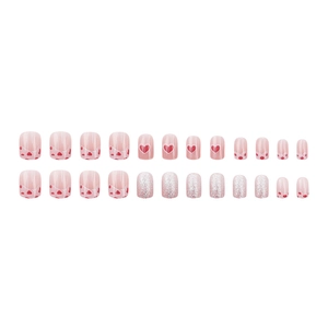 Pink and silver glitter press-on nails with red heart patterns and polka dots 24pcs set