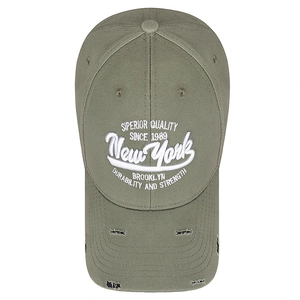 Olive green baseball cap with New York embroidery and distressed brim details