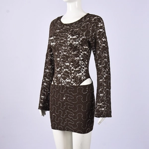 Detail of brown lace sequin dress with long sleeves and side waist cut-out design