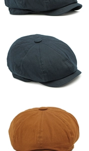 Detailed views of vintage newsboy caps in black and brown cotton with paneled stitching