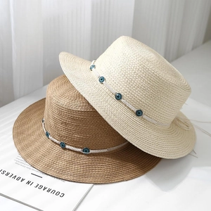 Boater Straw Hat For Women With Evil Eye Beads Braided Rope Flat Top Summer Sun Beach Vacation Elegant Retro