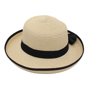 Hepburn style straw hat with black ribbon bow and rolled edge for elegant women