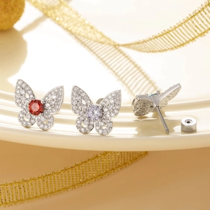 Elegant butterfly stud earrings with zircon crystals and secure screw back design