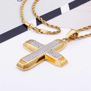 Hiphop iced out cross necklace in 18K gold plating with twisted rope chain for men