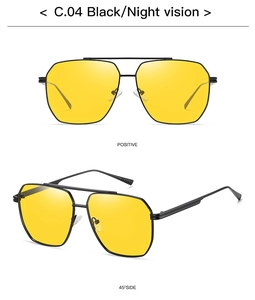 Detailed front and side views of black metal frame night vision sunglasses with yellow lenses