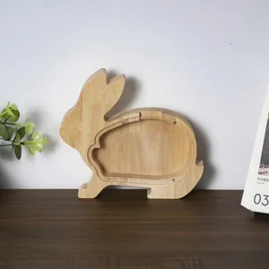 Rabbit shaped wooden piggy bank with clear acrylic window for kids coin storage