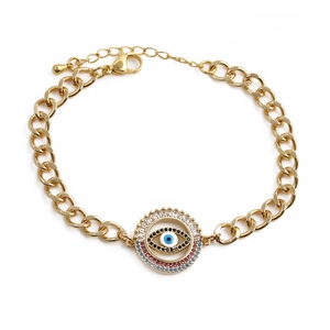 Gold-plated Evil Eye bracelet with colorful cubic zirconia stones and adjustable chain