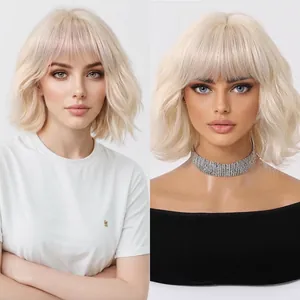 Detail of a light blonde bob wig with bangs showing natural texture and styling
