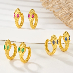 Detailed view of s925 silver snake earrings with colorful zircon stones in gold finish