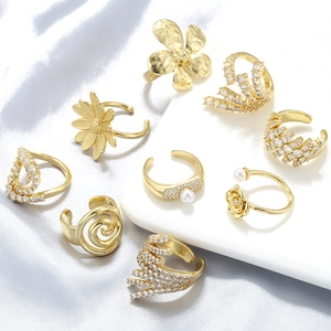 Floral Flower Leaf Adjustable Open Rings For Women Brass Cubic Zirconia Artificial Pearl Irregular Spiral Geometric Elegant Jewelry