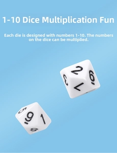 Close-up of two white ten-sided multiplication dice with black numbers on blue background