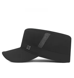 Side view of men's black flat top army cap with silver metal plate and twill ribbon detail