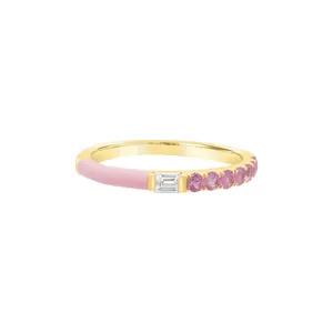 S925 sterling silver gold ring with rectangle clear stone and pink enamel finish