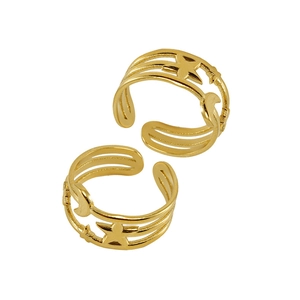 Details von verstellbaren 18K Gold Stern und Mond Ringen mit poliertem Metallfinish