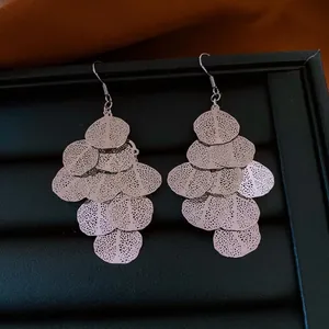 Elegant silver irregular leaf tassel earrings with hollow texture in jewelry box