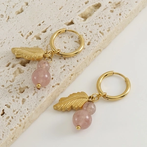 Hoop Dangle Earrings 18K Gold Plated Stainless Steel Natural Pink Strawberry Quartz Leaf Pendant Bohemian Style Women