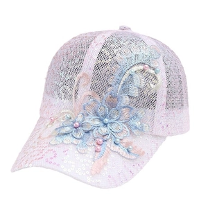 Berretto da baseball da donna rosa e viola con paillettes, ricami floreali 3D e mesh