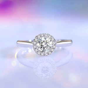 Elegant 925 silver moissanite ring with a brilliant round cut center stone and halo setting