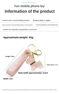 Detailed size parameters for the pink crystal French Bulldog resin keychain and lanyard