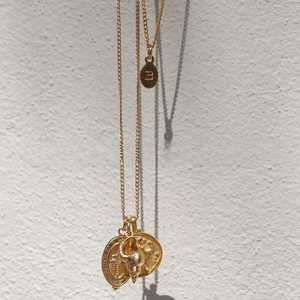 Detail of gold necklace featuring palm tree coin, 3D seashell charm and letter B tag