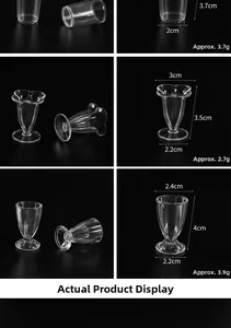 Macro view showing dimensions and weight of three miniature transparent DIY food cups