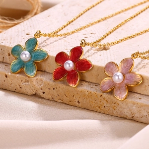 Flower Pendant Necklace Earrings Stainless Steel Enamel Floral Petal Faux Artificial Pearl Elegant Women Fashion Accessories