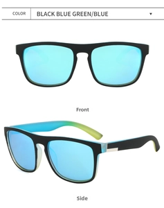 Front and side views of black matte polarized sunglasses with blue mirrored lenses