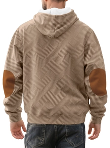 Detailed back view of men's loose hoodie featuring textured twill and brown elbow patches