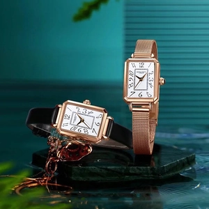 Elegant square rose gold mesh and black leather strap watches with white Roman numeral dial