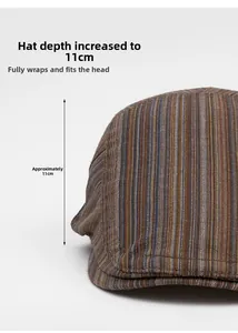 Detail of colorful striped beret showing 11cm deep crown and woven fabric texture