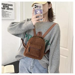 Detailansicht brauner Plüsch-Teddy-Rucksack mit weicher Textur und Reißverschlusstaschen