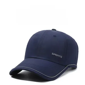 Detail of navy quick-dry baseball cap featuring SPORTS text and breathable mesh vents