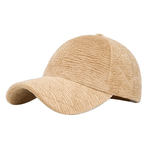 Winter beige corduroy quilted baseball cap with warm fleece lining for stylish women
