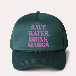 Close-up of dark green trucker hat featuring Save Water Drink Margs vintage print