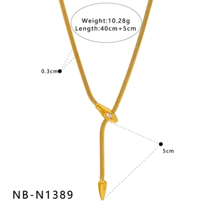 Detailed specs of gold snake necklace with colorful zircon pendant and drop chain