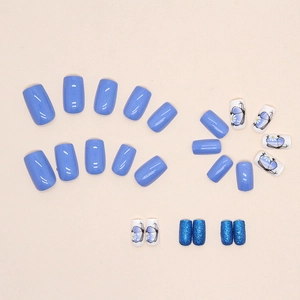 Blue glitter and floral butterfly square press-on nails set for summer fashion